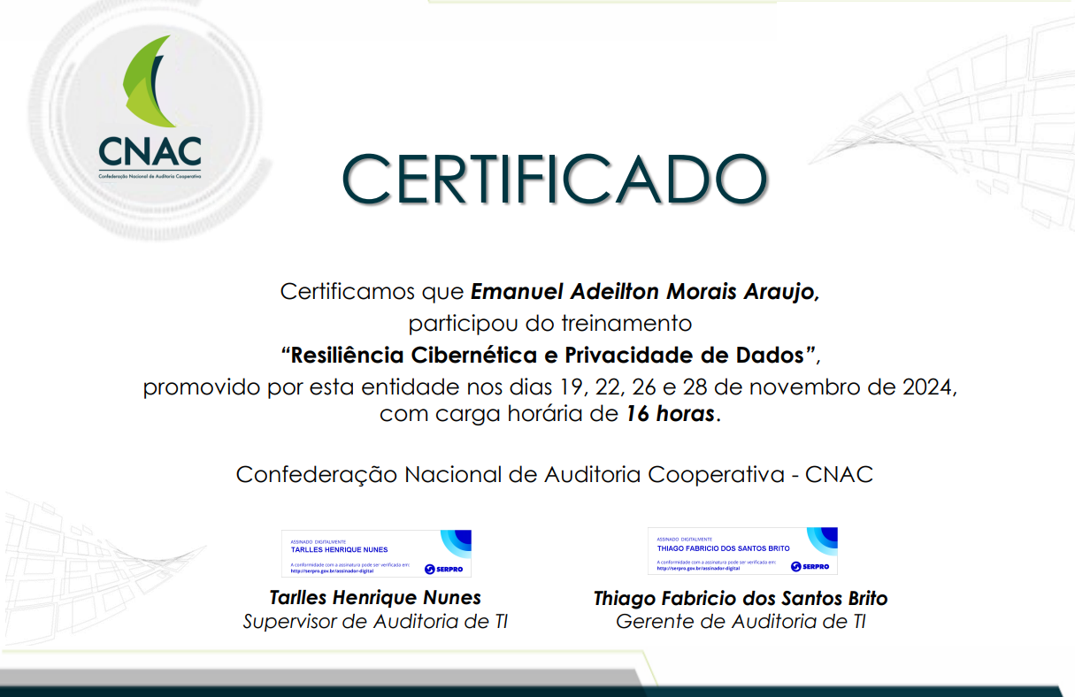 Certificado Resiliência Cibernética e Privacidade de Dados